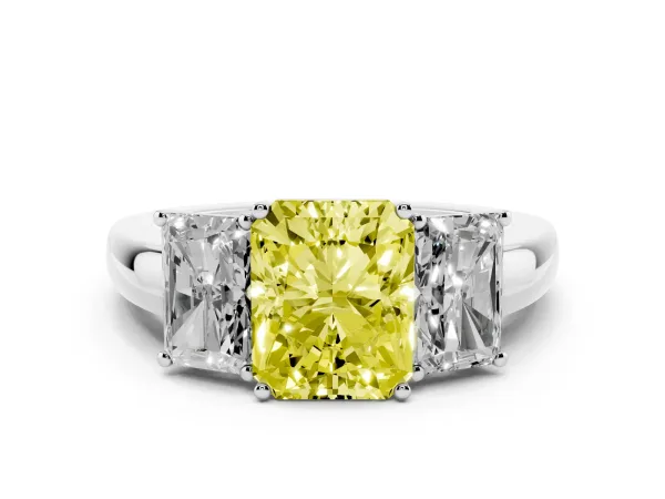 Fancy Yellow Radiant Cut Diamond Three-Stone Ring with Four-Prong Setting and Classic Band White gold