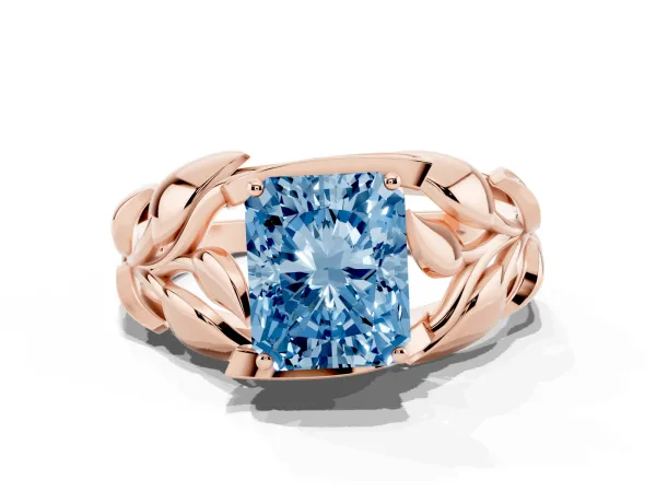 Fancy Blue Radiant Cut Diamond Leaf-Inspired Engagement Ring with Round Accents and Prong Setting Rose gold
