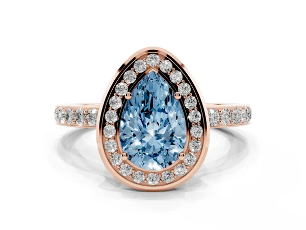 Fancy Blue Pear Cut Diamond Halo Ring with Bezel Frame and Pavé Band Rose gold