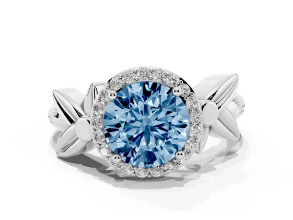 Fancy Blue Round Cut Halo Diamond Floral Band with Four-Prong Setting White gold