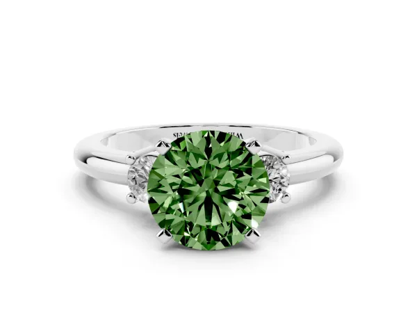 Fancy Green Three-Stone Round Cut Cut Diamond Solitaire with Prong Setting and Classic Band White gold