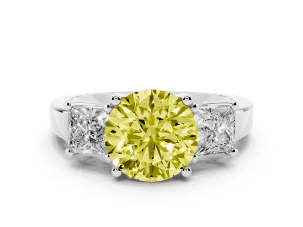 Fancy Yellow Three-Stone Round Cut Cut Solitaire Ring with Prong Setting White gold
