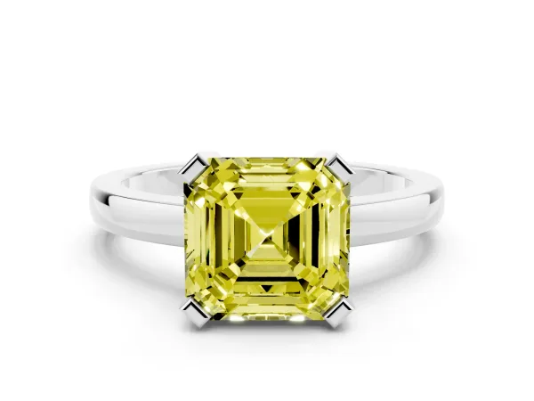 Fancy Yellow Asscher Cut Cut Solitaire Ring with Four-Prong Setting and Classic Band Platinum