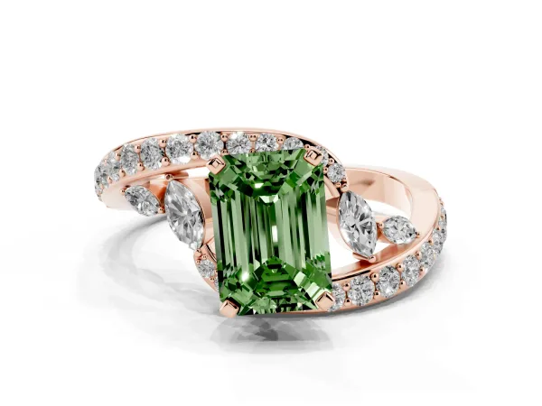 Fancy Green Emerald Cut Solitaire with Pavé Twist Band and Four-Prong Setting Rose gold