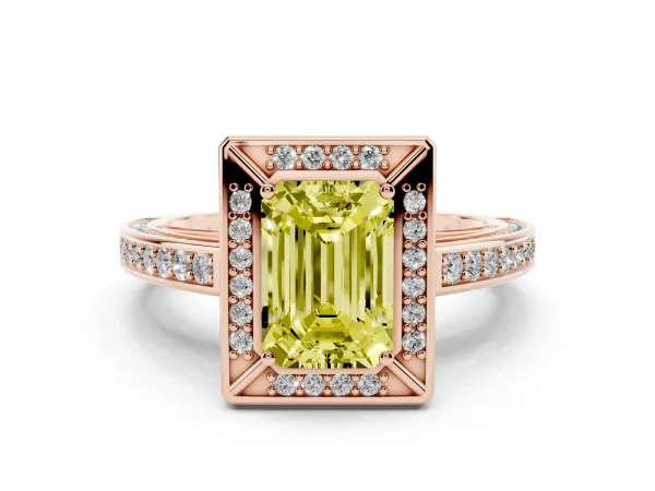 Fancy Yellow Emerald Cut Cut Halo Pave Split Shank Prong Setting Ring Rose gold