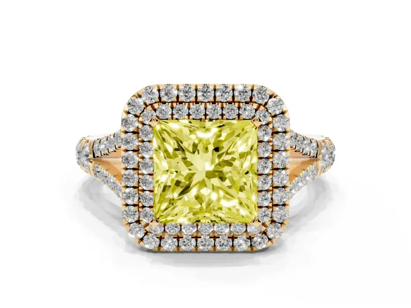 Fancy Yellow Princess Cut Diamond Double Halo Ring with Split Shank and Prong Setting Yellow gold