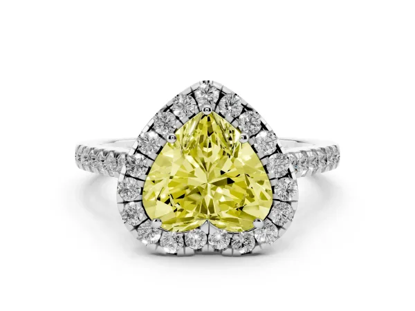 Fancy Yellow Heart Cut Halo Pave Diamond Engagement Ring with Four-Prong Setting Platinum