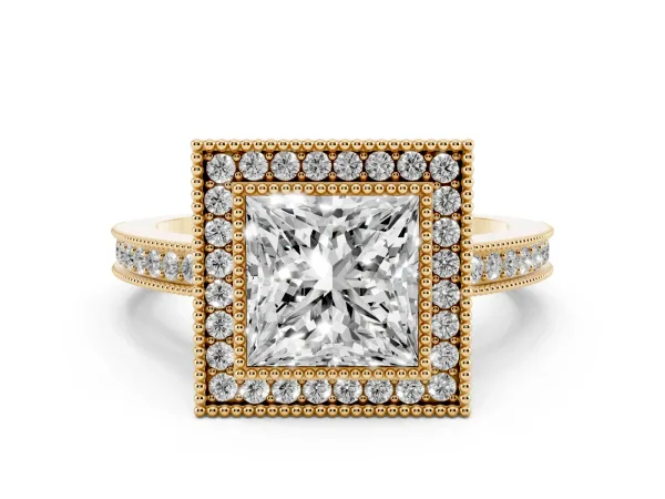 Princess Cut Cut Halo Diamond Ring with Pavé Band and Milgrain Prong Setting Yellow gold