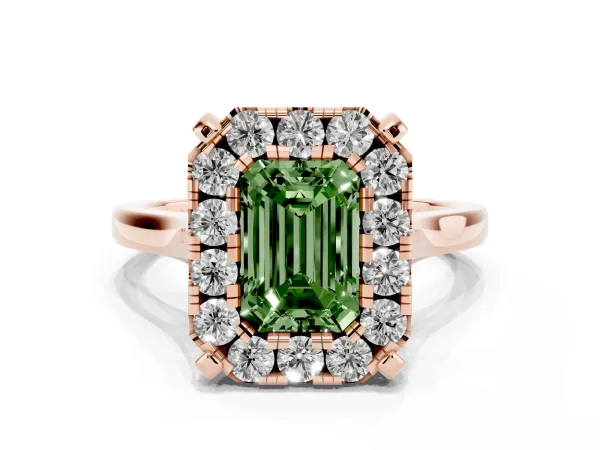 Fancy Green Emerald Cut Diamond Cluster Halo Solitaire with Four-Prong Setting Rose gold