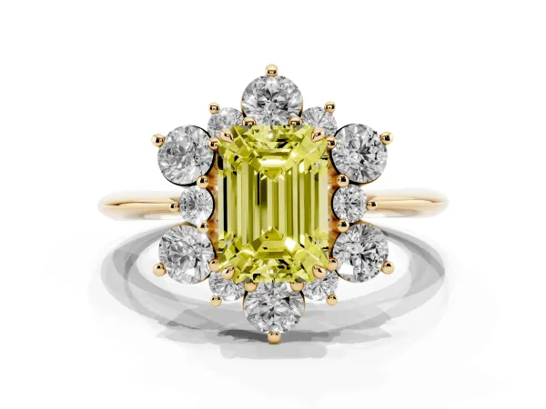 Fancy Yellow Emerald Cut Diamond Cluster Halo Ring with Solitaire Band and Four-Prong Setting Yellow gold