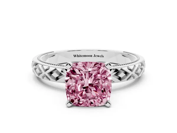 Fancy Pink Cushion Cut Solitaire Diamond Ring with Milgrain and Black Enamel X Pattern Band Platinum