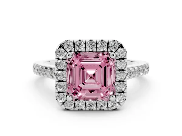 Fancy Pink Asscher Cut Halo Pavé Diamond Engagement Ring with Four-Prong Setting Platinum