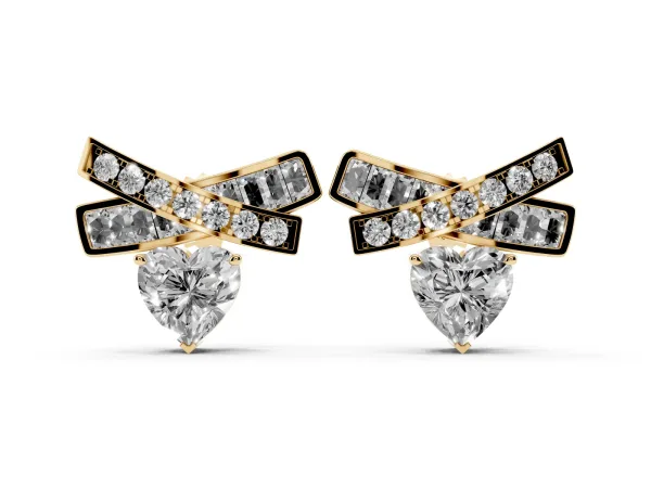 Heart Diamond X Stud Earrings with Baguette and Round Accents Yellow gold