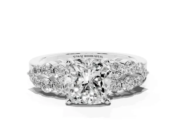 Cushion Cut Cluster Diamond Engagement Ring with Pavé Band and Four-Prong Setting Platinum