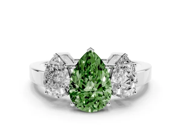 Fancy Green Three-Stone Pear Cut Cut Diamond Engagement Ring with Flat Band and Four-Prong Setting White gold