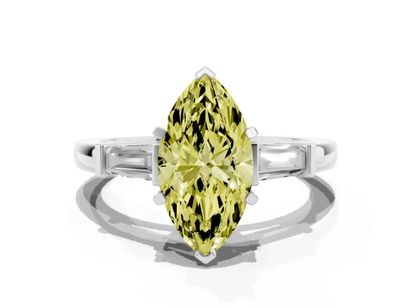 Fancy Yellow Marquise Cut Cut Diamond Solitaire Ring with Tapered Baguette Accents and Four-Prong Setting White gold