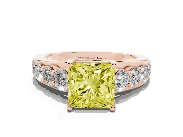 Fancy Yellow Princess Cut Diamond Engagement Ring with Pavé Band and Four-Prong Setting Rose gold