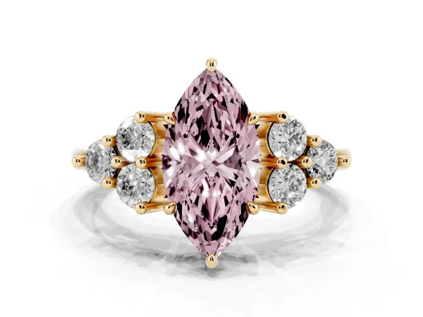 Fancy Pink Marquise Cut Brilliant Diamond Cluster Accent Solitaire Ring with Prong Setting Yellow gold