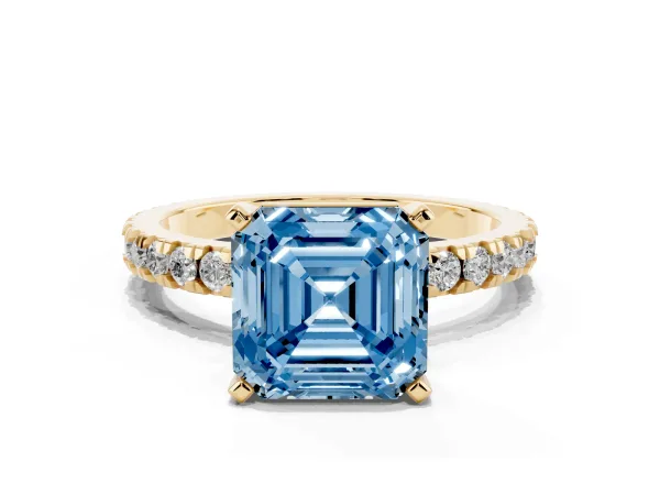 Fancy Blue Asscher Cut Diamond Pavé Band Solitaire with Four-Prong Setting Yellow gold