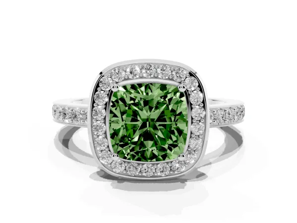 Fancy Green Cushion Cut Diamond Halo Ring with Bezel Frame and Pavé Band Platinum