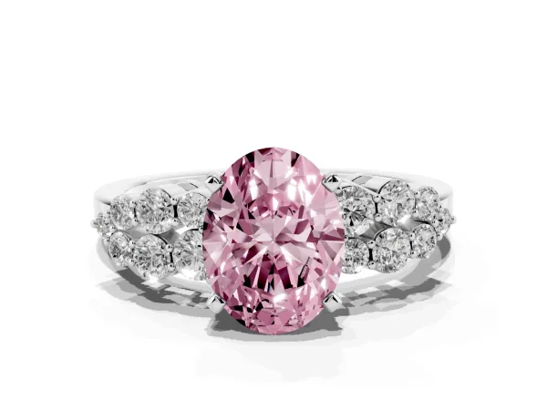 Fancy Pink Oval Cut Cluster Diamond Engagement Ring with Pavé Band and Four-Prong Setting White gold