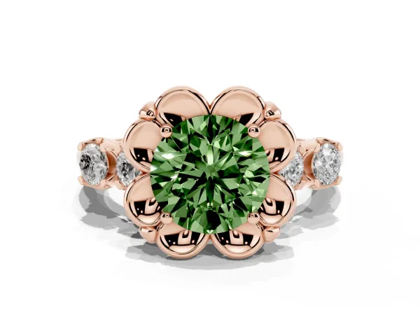 Fancy Green Round Cut Cut Diamond Floral Halo Engagement Ring with Shared Prong Setting Rose gold
