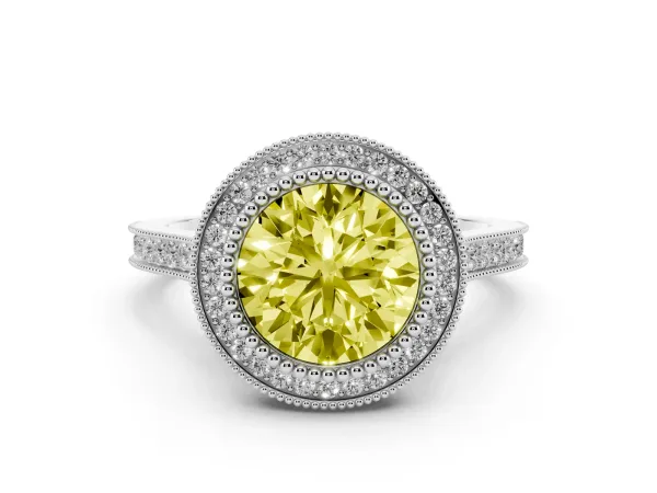 Fancy Yellow Round Cut Diamond Halo Ring with Milgrain Frame and Pavé Band White gold