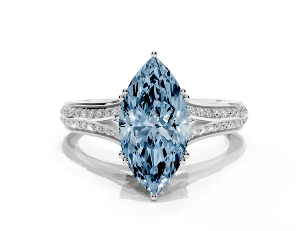 Fancy Blue Marquise Cut Diamond Split Shank Engagement Ring with Pavé Band Platinum