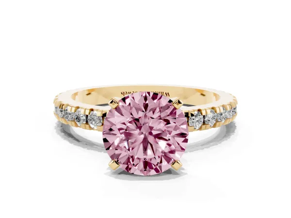Fancy Pink Round Cut Diamond Pavé Band Solitaire with Four-Prong Setting Yellow gold