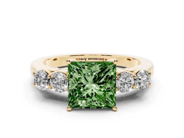 Fancy Green Princess Cut Cut Diamond Five-Stone Prong Set White Gold Ring Yellow gold