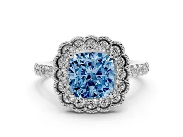 Fancy Blue Cushion Cut Cut Diamond Milgrain Floral Halo Engagement Ring with Pavé Band Platinum