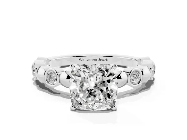 Cushion Cut Solitaire Bezel-Set Diamond Ring with Beaded Band and Four-Prong Setting White gold