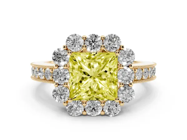 Fancy Yellow Princess Cut Cut Halo Diamond Pavé Engagement Ring with Milgrain Detailing Yellow gold