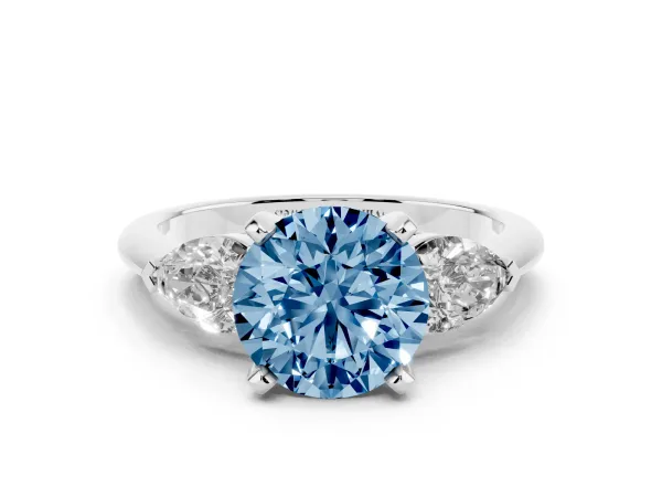 Fancy Blue Three-Stone Round Cut Diamond Ring with Pear Side Stones and Four-Prong Setting White gold
