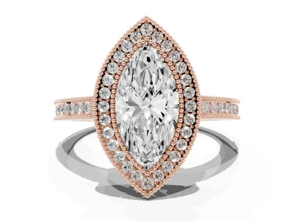 Marquise Cut Cut Halo Diamond Ring with Pavé Band and Milgrain Prong Setting Rose gold