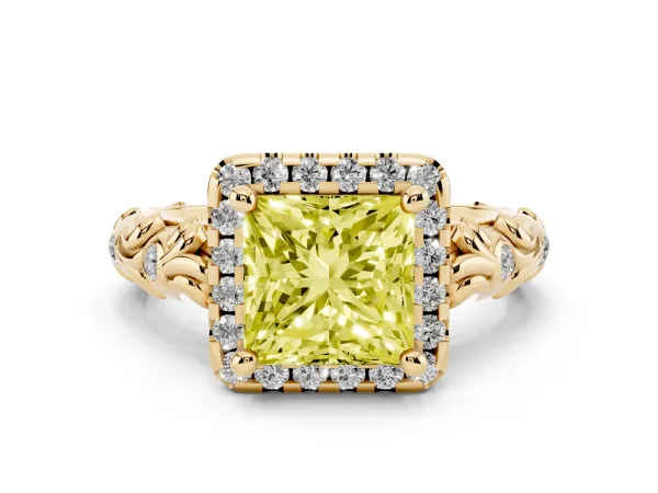 Fancy Yellow Princess Cut Diamond Halo Ring with Filigree Band and Prong Setting Yellow gold