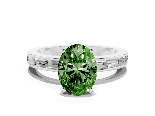 Fancy Green Oval Cut Solitaire Diamond Ring with Channel-Set Baguette Band and Four-Prong Setting Platinum