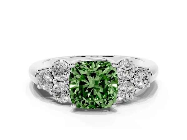 Fancy Green Cushion Cut Cut Diamond Cluster Ring with Round Accent Stones and Prong Setting on a Classic Band Platinum