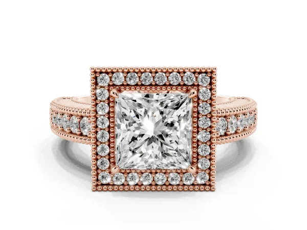Princess Cut Cut Halo Diamond Ring with Pavé Band and Four-Prong Setting Rose gold