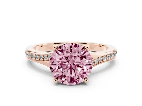 Fancy Pink Round Cut Diamond Solitaire Ring with Pavé Band and Prong Setting Rose gold