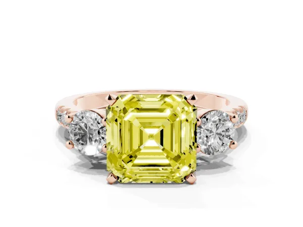 Fancy Yellow Three-Stone Asscher Cut Diamond Pavé Band with Four-Prong Setting Rose gold