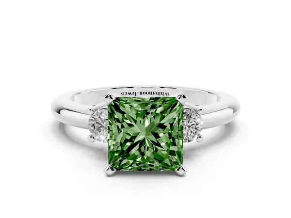 Fancy Green Three-Stone Princess Cut Cut Diamond Solitaire with Prong Setting and Classic Band Platinum