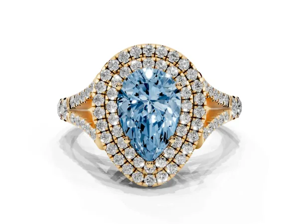 Fancy Blue Double Halo Pear Cut Diamond Split Shank Engagement Ring with Four-Prong Setting Yellow gold