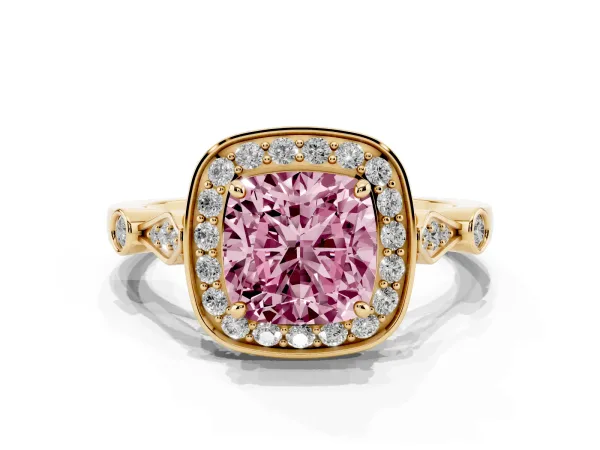 Fancy Pink Cushion Cut Halo Diamond Engagement Ring with Twisted Band and Four-Prong Setting Yellow gold