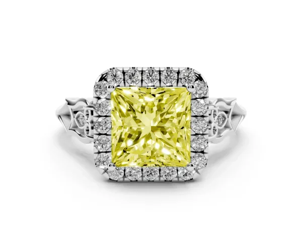 Fancy Yellow Princess Cut Halo Diamond Engagement Ring with Filigree Band and Four-Prong Setting Platinum