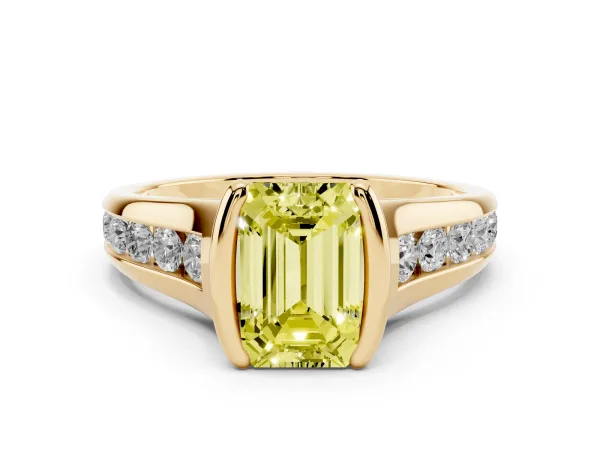 Fancy Yellow Emerald Cut Solitaire Bezel-Set Diamond Ring with Channel-Set Band Yellow gold