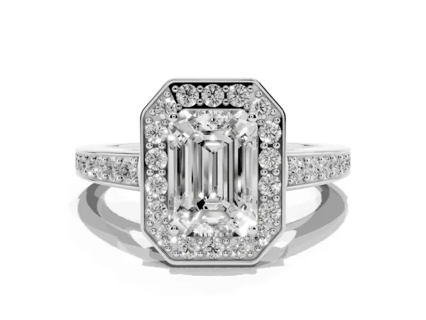 Emerald Cut Halo Pavé Diamond Engagement Ring with Bezel Setting White gold
