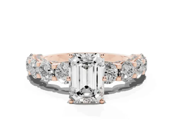 Emerald Cut Diamond Side Stone Engagement Ring with Four-Prong Setting Rose gold
