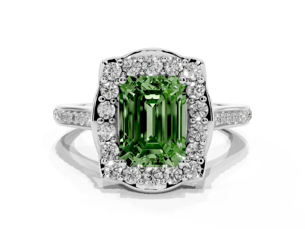 Fancy Green Emerald Cut Halo Round Diamond Pave Band with Four-Prong Setting White gold