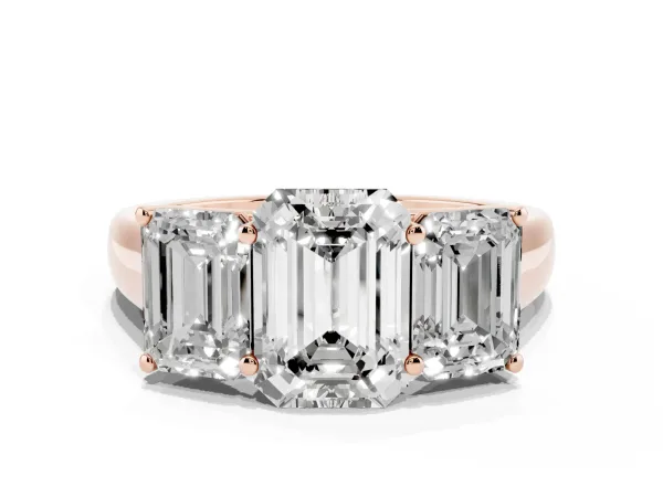 Emerald Cut Three-Stone Diamond Ring with Prong Setting on a Classic Band Rose gold